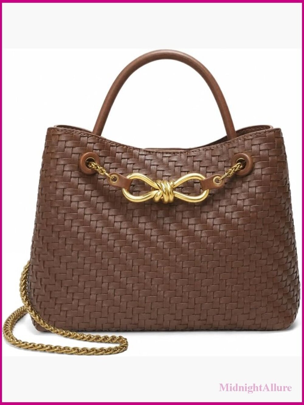 Small Woven Leather Tote Shoulder Bag Top Handle w/ Adjustable Strap